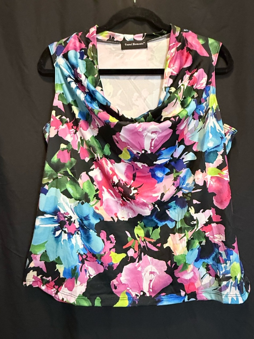 Travel Elements Floral Cowl Neck Camisole - Black with Pink & Blue Blooms
